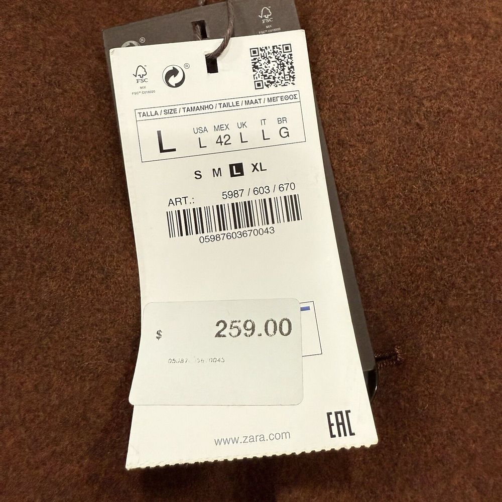 Zara Man Wool Blend Coat Brown Men's L - Picture 10 of 12